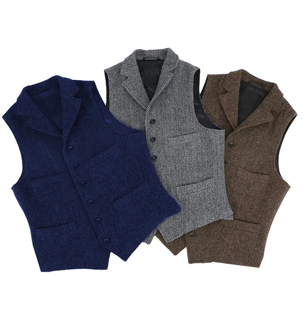 2023 Mens Vest Classic Brown Suit Wool Tweed Notch Lapel Waistcoat Herringbone Groomsmen Winder Coat 240105