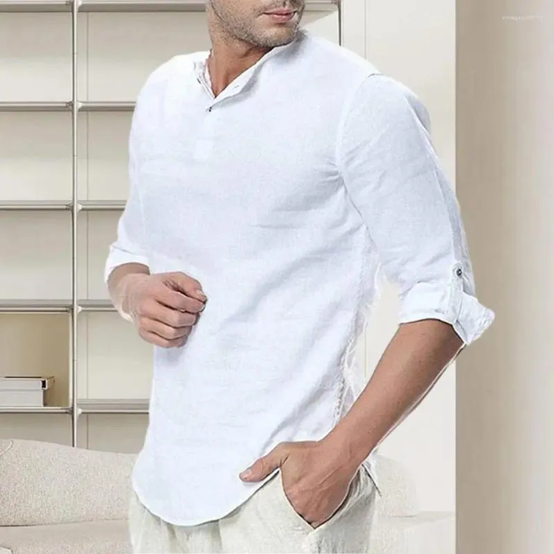 Męskie koszule swobodne koszulka sprężyna o szyja długie rękaw luźne pulover solidny kolor cienki miękki mankiet średniej długości