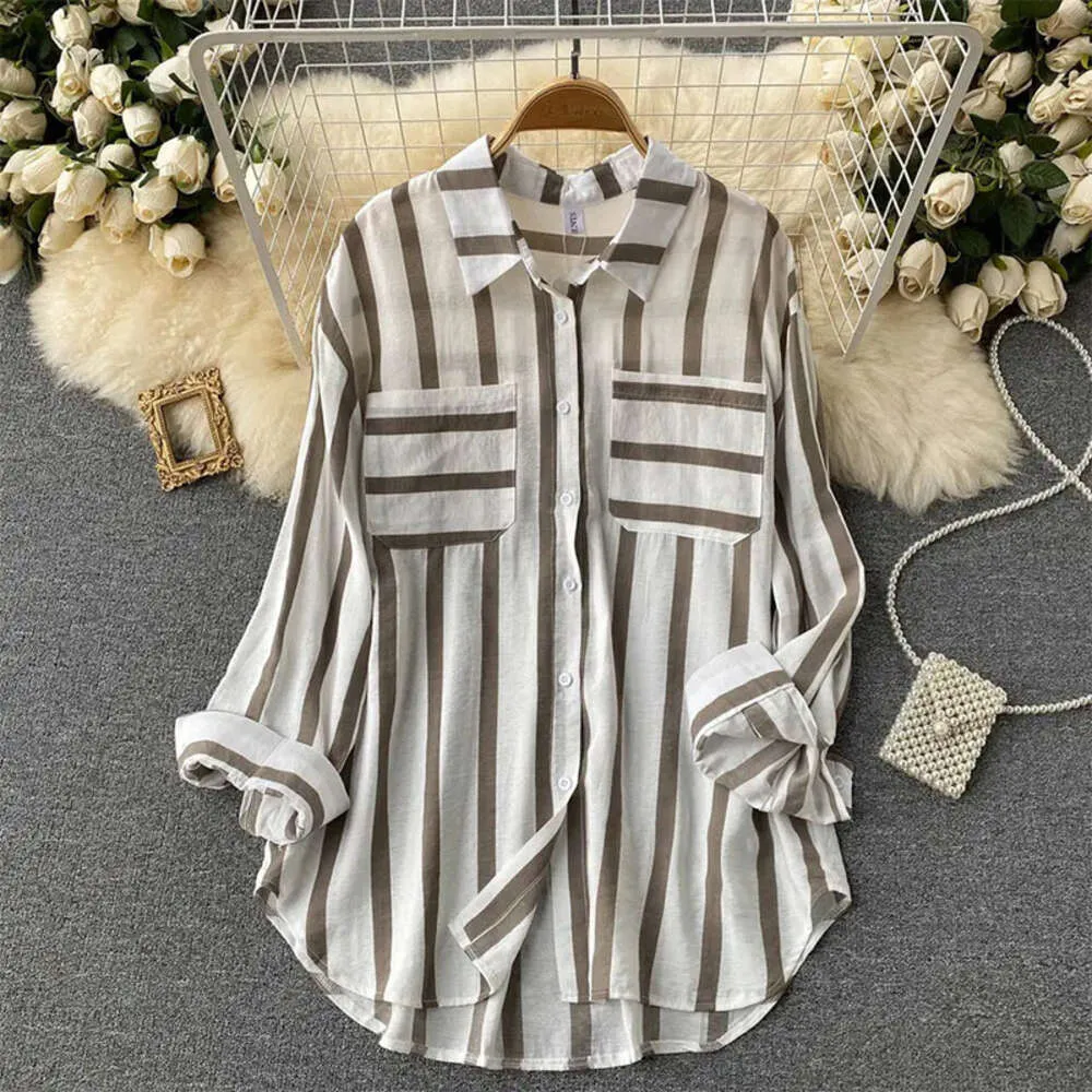 Summer, Spring, And Autumn Women's New Mid Length Vertical Striped Multicolored Shirt Jacket, Women's Korean Casual Loose Top