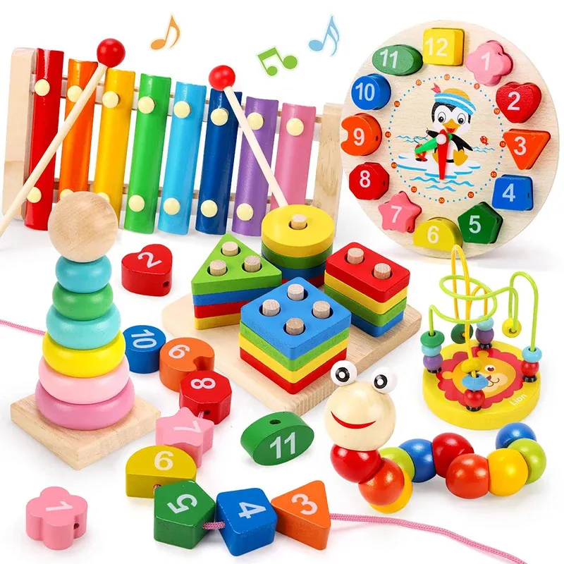 56PCSSET MONTESSORI TRÄ TOJES FÖR BABIER BOY GIRL GIRG Baby Development Games Wood Puzzle for Kids Education Learning Toy 240105