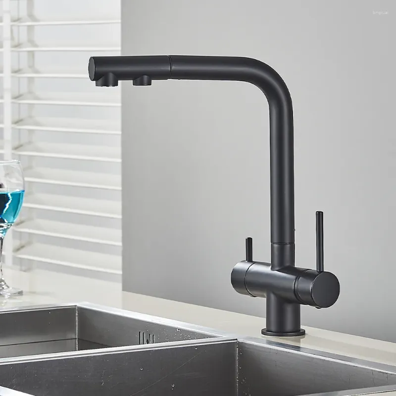 Torneiras de cozinha VÍRICA BLACK FILLETED FAUCET Purificador de latão Dual Handel