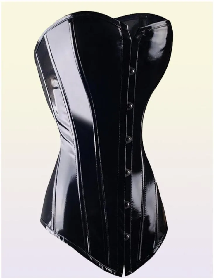 Sexy Black PVC Overbust Corset Steampunk Basque Lingerie Top Goth Rock Corset Sexy Leather Waist Trainer Corset for women Y111924930879
