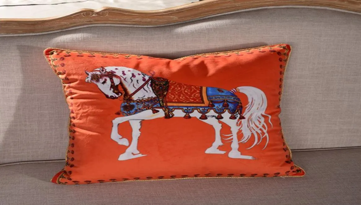 Taie d'oreiller européenne housse de coussin en velours de luxe housse de coussin cheval imprimé animal taie d'oreiller carrée lin européen cheval Pi6045097