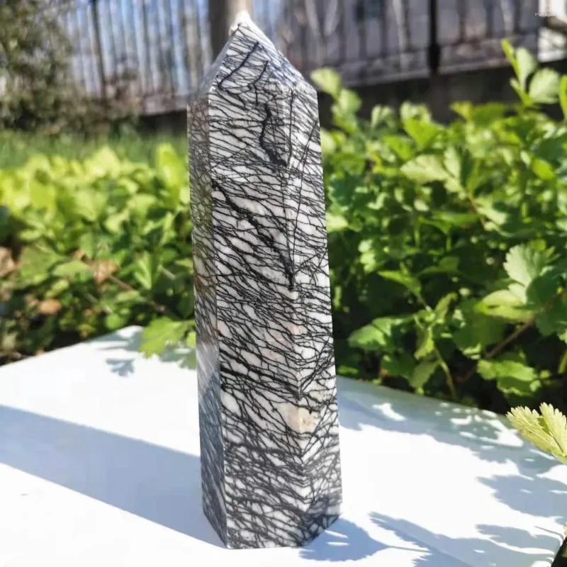 Dekorativa figurer 400-450G Natural Black Web Jasper Stone Point Reiki Chakra Big Size Tower