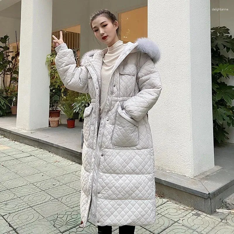 Women's Down Elegant Korean Diamond-shaped Long Over-the-knee Warm Hooded Fur Collar Winter Jacket Female Temperament Puffer Coat