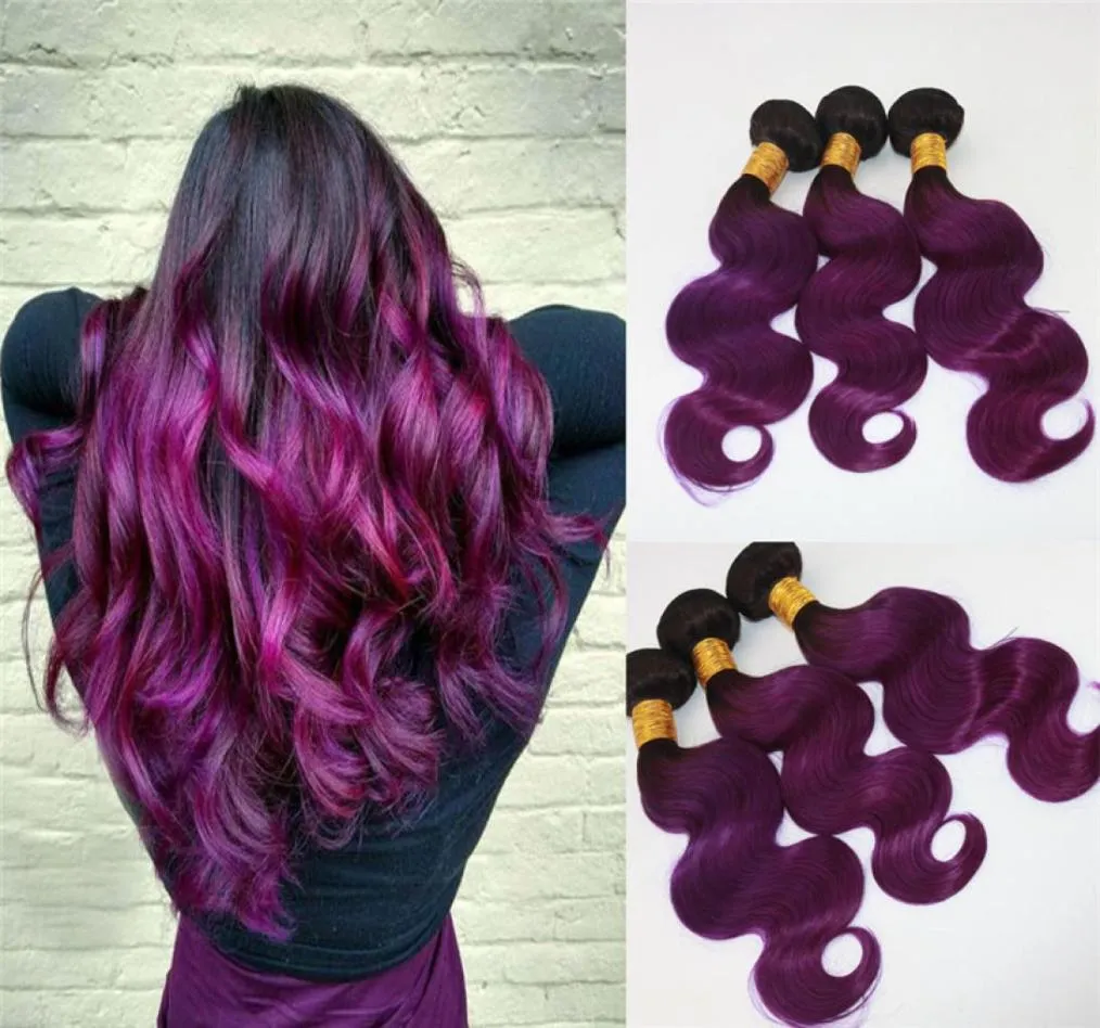 Two Tone Omber Hair Extensions Weaves 8A Peruvian Virgin Hair Body Wave Bundles Deal 1BPurple Real Remy Hair Weft Extensions 1007439454