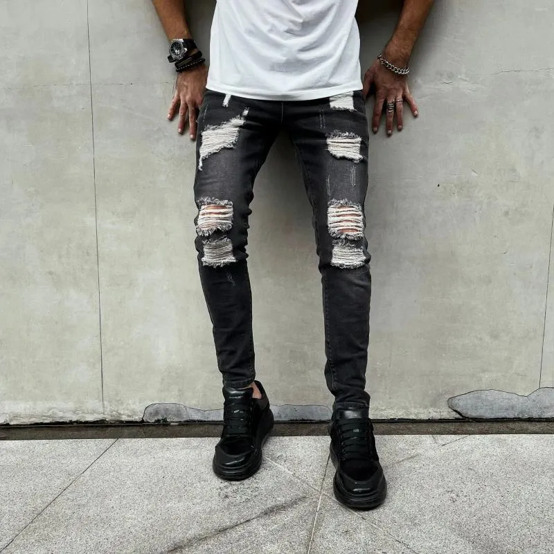 Men's Jeans 2024 Summer Hole Moustache Effect Slim Fit Pencil Pants Fashion Versatile High Street Classic Trendy Casual