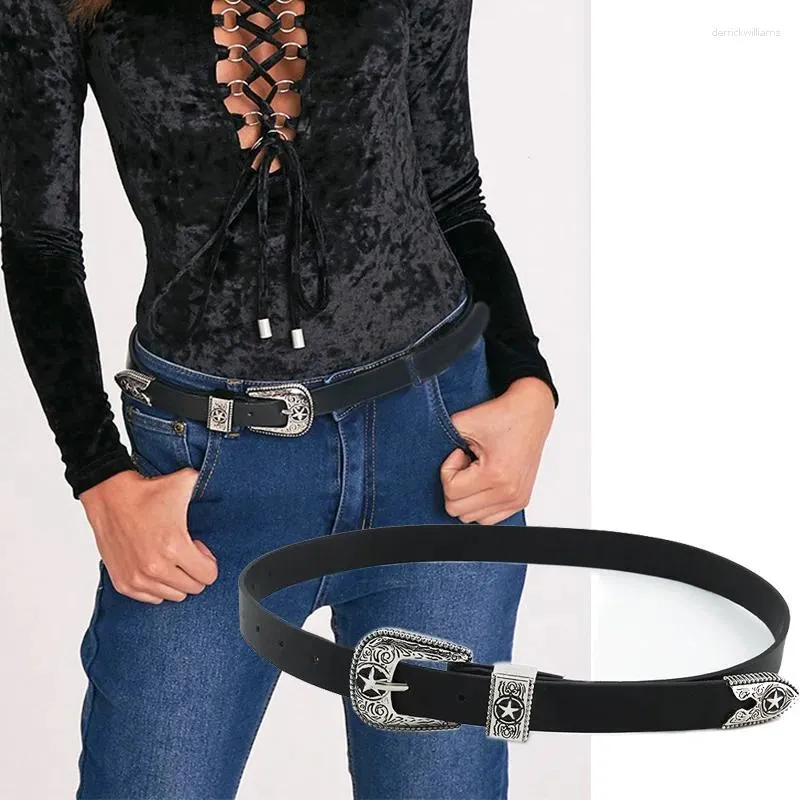 Cinture Cintura retrò in ecopelle per donna Designer Lega Stella intagliata Fibbia Cintura in vita Studente Ragazza Jeans Decorazione Cintura
