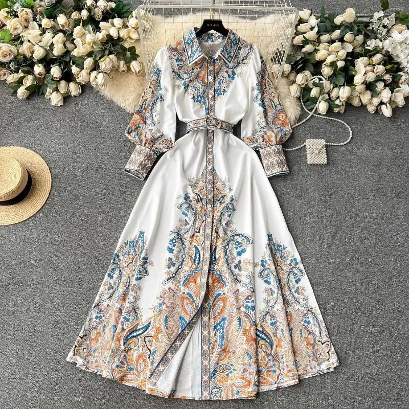 Casual Dresses Runway Fashion Vintage Print Long Sleeve Maxi Shirt Dress Women Autumn Single Breasted Paisley Belt Robes Vestidos