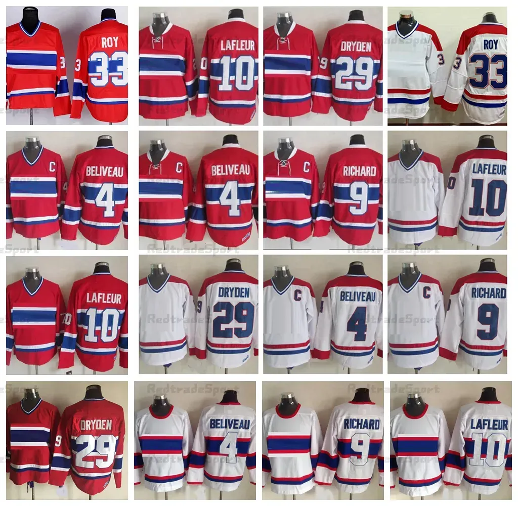 빈티지 하키 유니폼 4 Jean Beliveau 9 Maur Richard 10 Guy Lafleur 29 Ken Dryden 33 Patrick Roy Retro Classic Red White 스티치 SH