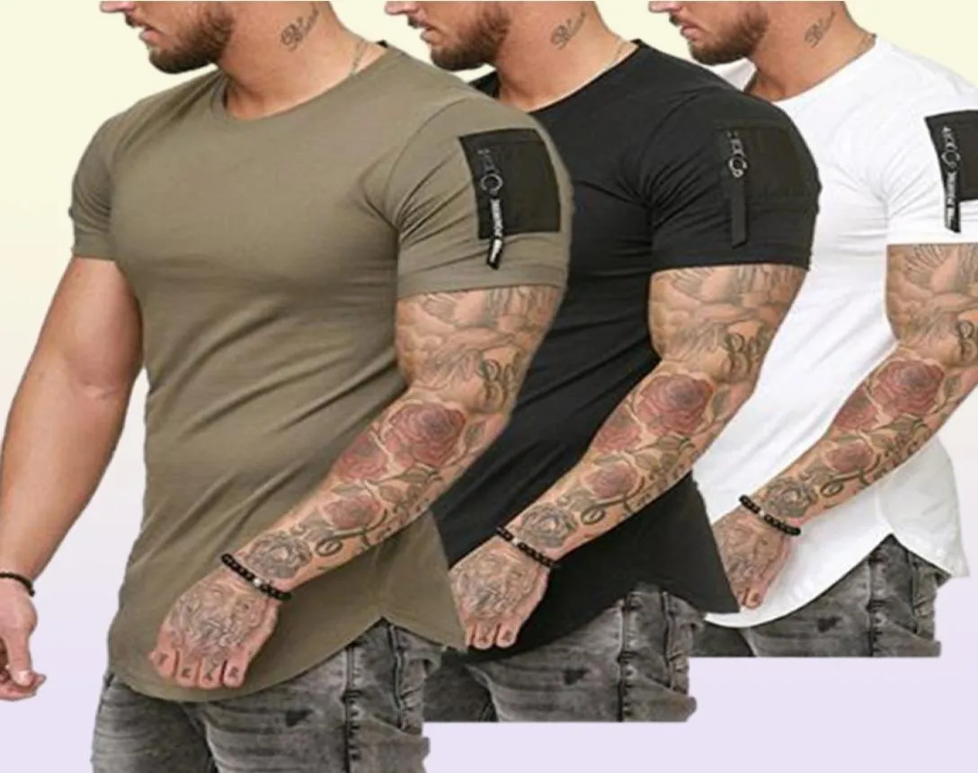 Summer Casual T Shirts Men Fashion Zipper Sleeve O Neck Hip Hop TShirt Tops Cotton Tshirts Male Streetwear Tee Solid Color Size M4575728