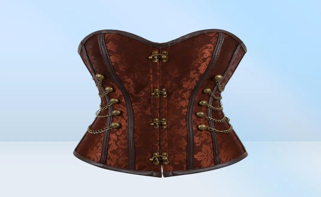 Women Vintage Steampunk Gothic PU Leather Panels Jacquard Overbust Corset Top with Chains and Buttons Accent S6XL Plus Size Brown1576218