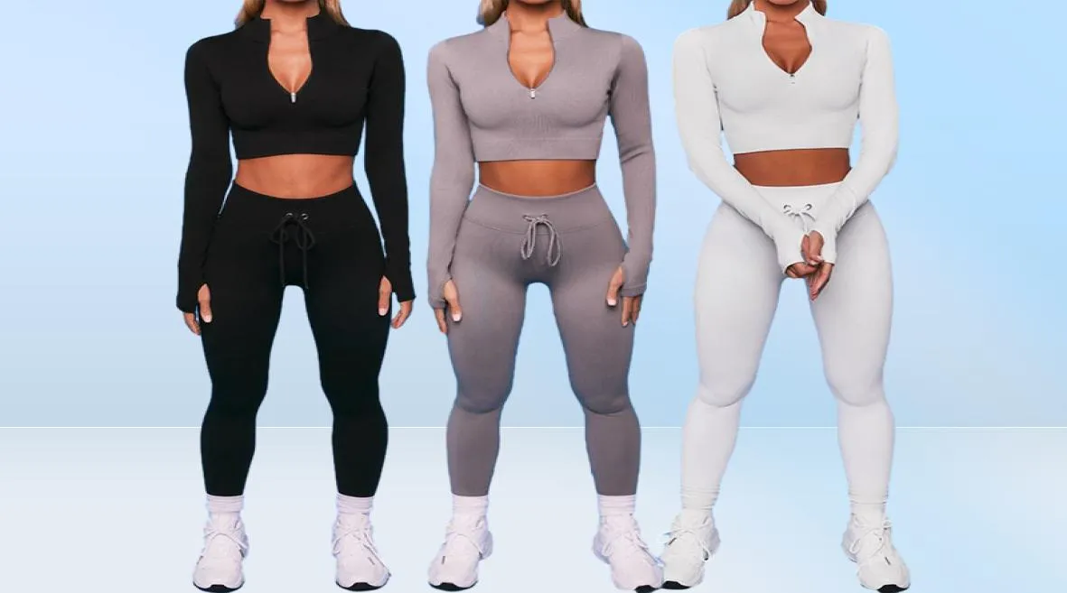 2 pièces ensemble de tenues de yoga sans couture fermeture éclair sexy manches longues cordon taille haute leggings tissu d'entraînement Athletec 2 pièces vêtements de sport Wom9805914