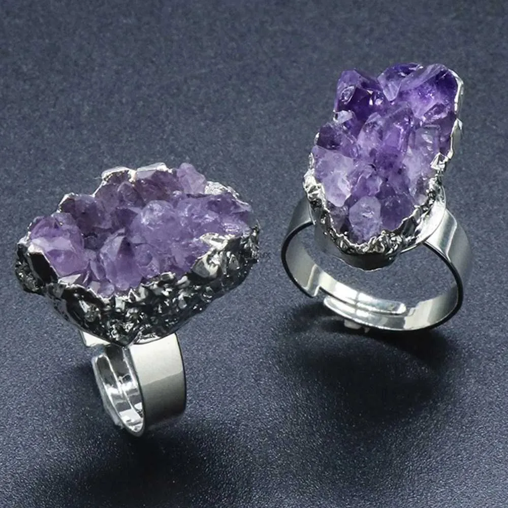 Band Rings 6pcs natural Amethysts cluster Rings Resizable purple crystal Stone Charms Open Hammered Cuff for Woman jewelry makingL240105