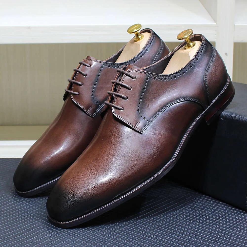 Classic Men's Derby Genuine Cow Leather Lace-up Dress Shoes for Men Handmade Italian Office Wedding Formal Footwear