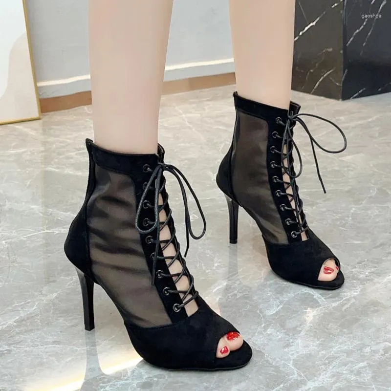 Sandals Sexy Mesh Women Peep Toe High Heels Shoes Summer Cool Boots 2024 Designer Lace Up Dress Femme Zapatos Pumps