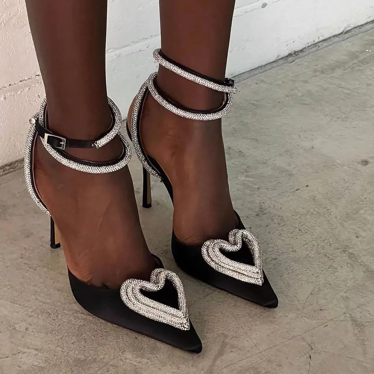 H Sandal Triple Heart Platform Pumps Satin Pointed Chunky Heel Dress Shoes Crystal Embellished Evening Shoe