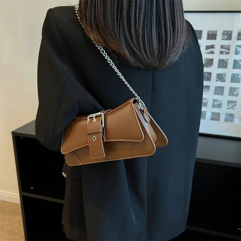 Bolso de hombro con cadena para mujer, de color liso, pequeño, de piel sintética, y cartera, marca de lujo Vintage, bandolera con solapa para mujer, bolsos de mensajero