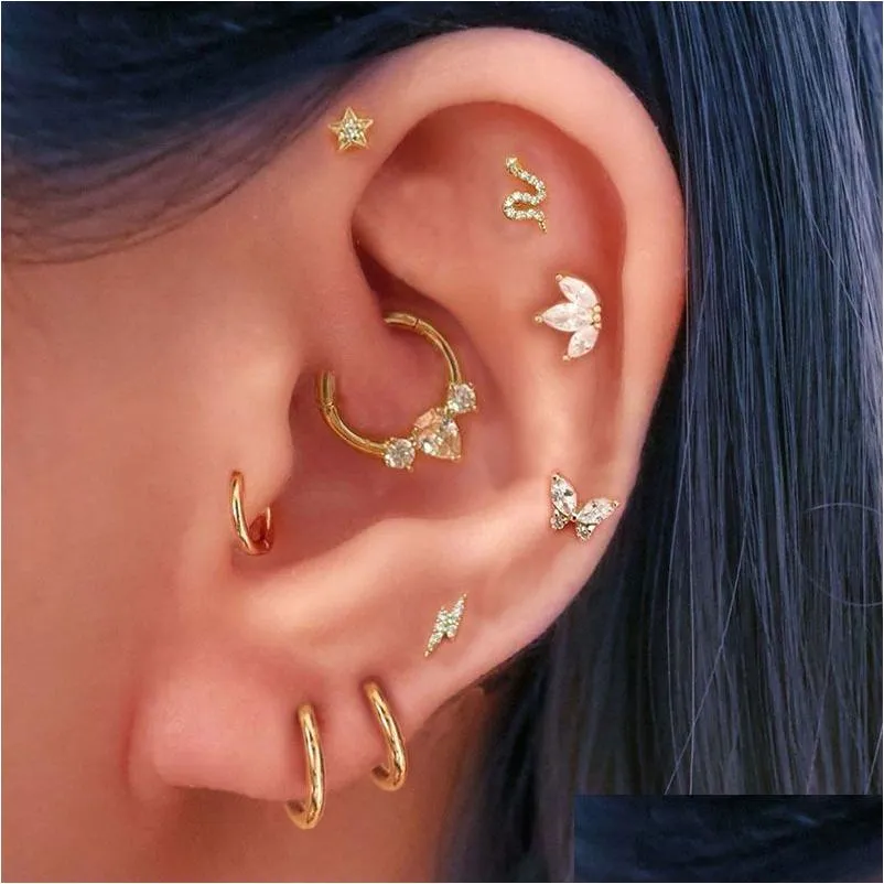 Näsringar tappar näsringar studs daith rostfritt stål hoop piercing örhängen för kvinnor stjärna tragus helix lob brosket öron ring dh6rk