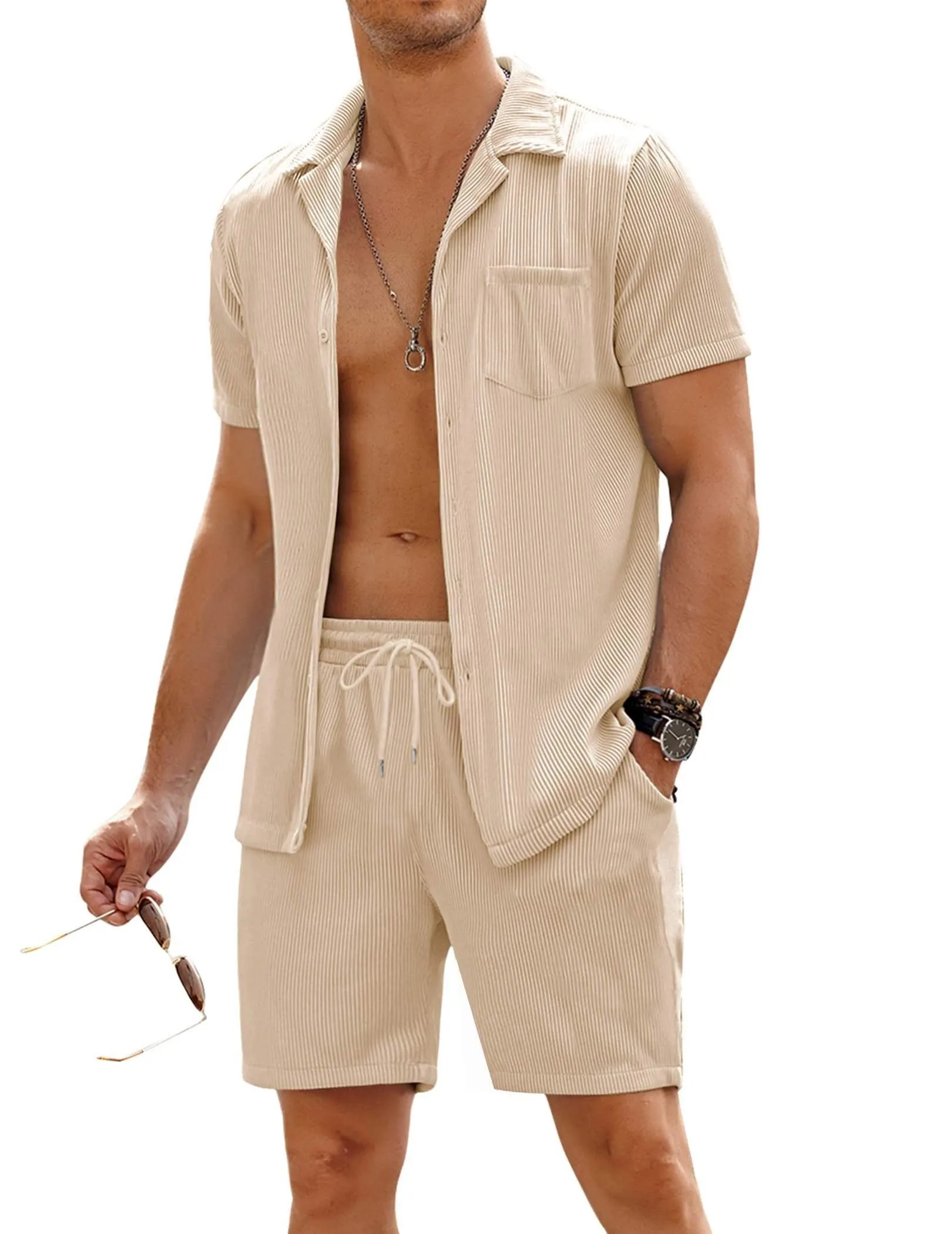 Tuta Estiva Uomo 2 Pezzi Con Cappello A Secchiello – Camicia Hawaiana E Pantaloncini Con Stampe Psichedeliche Di Funghi – Taglia M