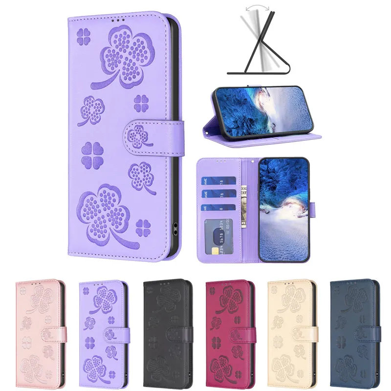 Étuis portefeuille en cuir PU pour Samsung A55 A35 Xiaomi 13T Pro Moto G04 G24 G34 5G Huawei Honor X9B X8B X7B Lucky Flower Trèfle à quatre feuilles Porte-carte Flip Cover Pouch