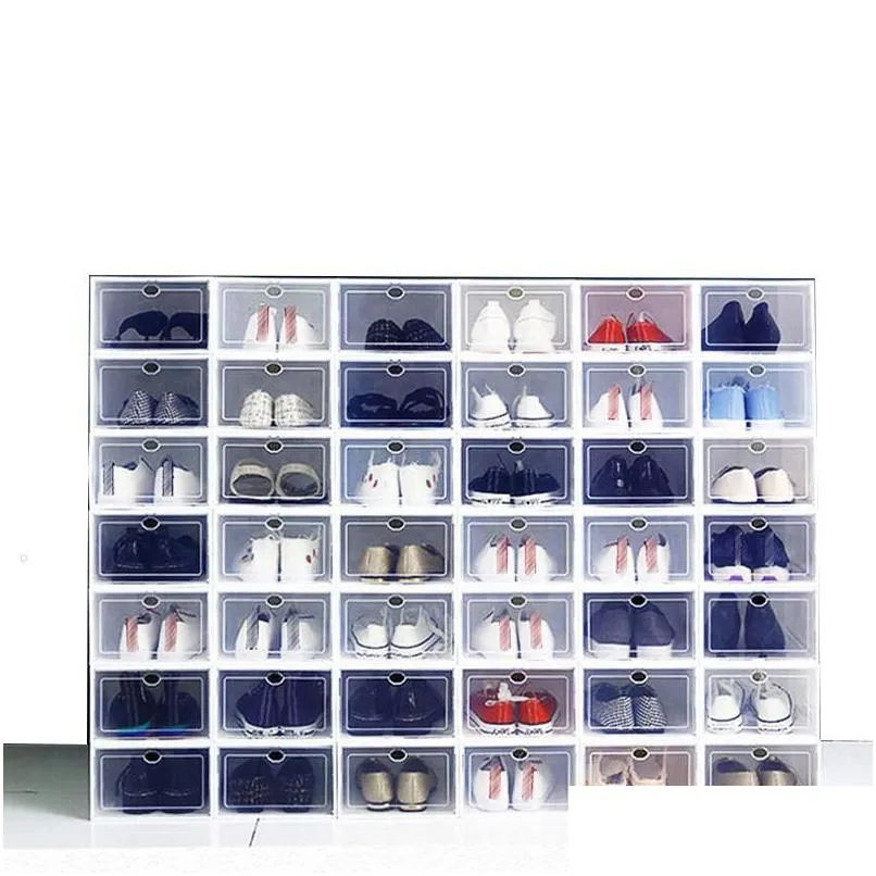 Boîtes de rangement Bins Commandes Clear Mticolor Boîtes de rangement pour chaussures pliables en plastique transparent Accueil Organisateur Affichage empilable Superimpos Dho4X