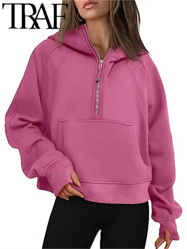 Traf 2023 outono inverno feminino esportes meio zip yoga terno solto gola mais camisola de pelúcia hoodies quente casual rosa 240105