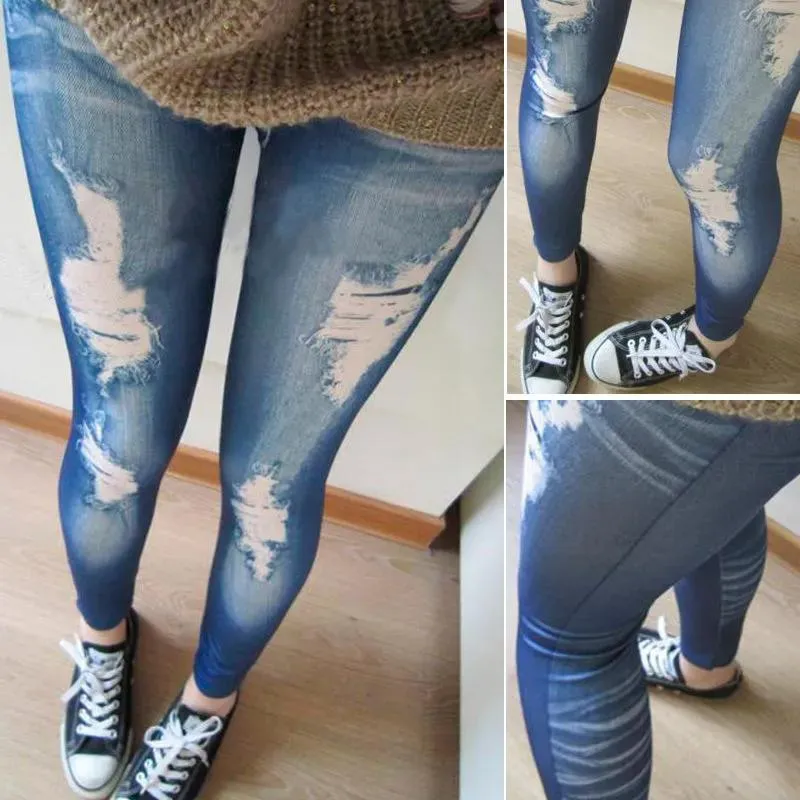 Jeans Gros Jeans Déchirés Look Skinny Jeggings Collants Pantalon Pantalon Bleu