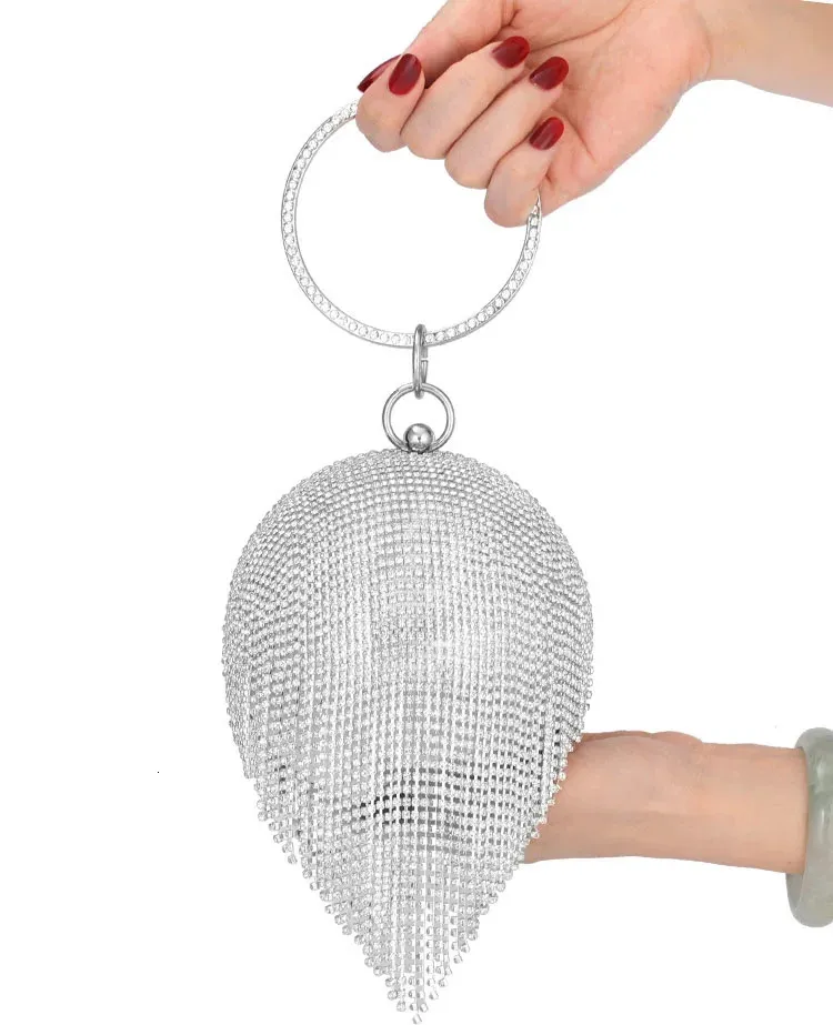 Sliver Diamonds Rhinestone Round Ball Evening Bags For Women Fashion Mini Tassels Clutch Bag Ladies Ring Handbag Clutches 240106