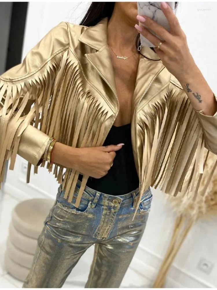 Kvinnorjackor Tassel Pu Leather Party Jacket Fashion Solid Slå ner krage kvinnlig 2024 Autumn Elegant Streetwear korta rockar