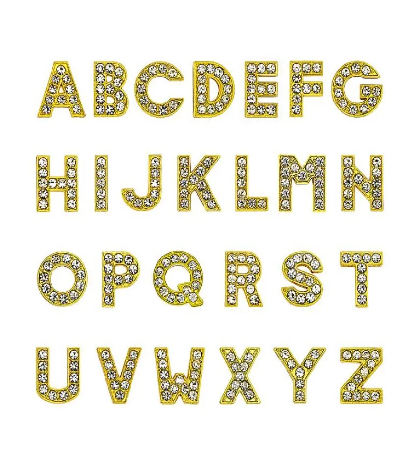 1300 stuks slot AZ Goud kleur vol strass Slide letter 8mm diy charms alfabet geschikt voor 8MM lederen polsbandje sleutelhangers8856395