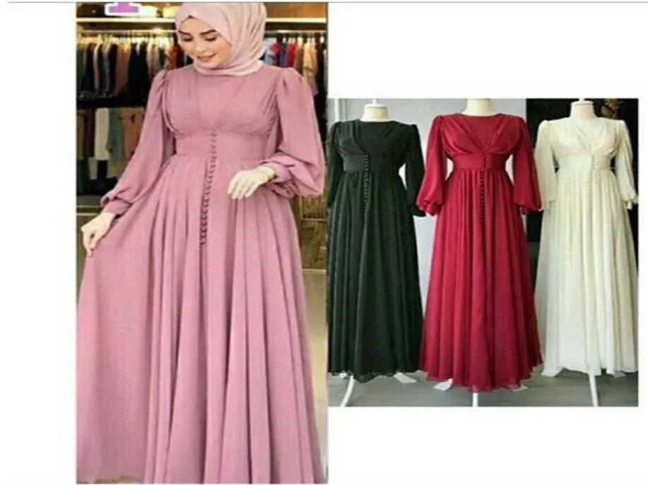 Muslim Hijab Dr2021 Women Solid Button Chiffon Eid Mubarak Party Evening Long DrArabic Turkish Islamic Clothing X080323053609255