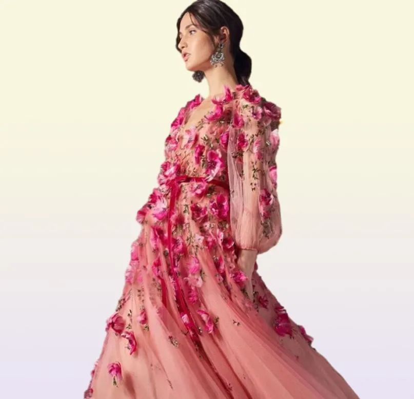 Marchesa 2020 Balo Elbiseleri 3D Çiçek Çiçekleri Uzun Kollu V Boyun Çizgisi Özel Yapımlı Gece Elbise Parti Elbisesi Zemin Uzunluğu 5288797