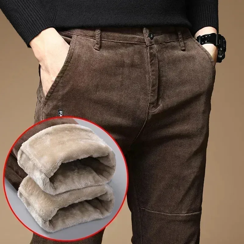 2023 Winter Fleece Warm Corduroy Pants Men Business Fashion Slim Fit Stretch Thicken Gray Green Fluff Casual Trousers Male 240106