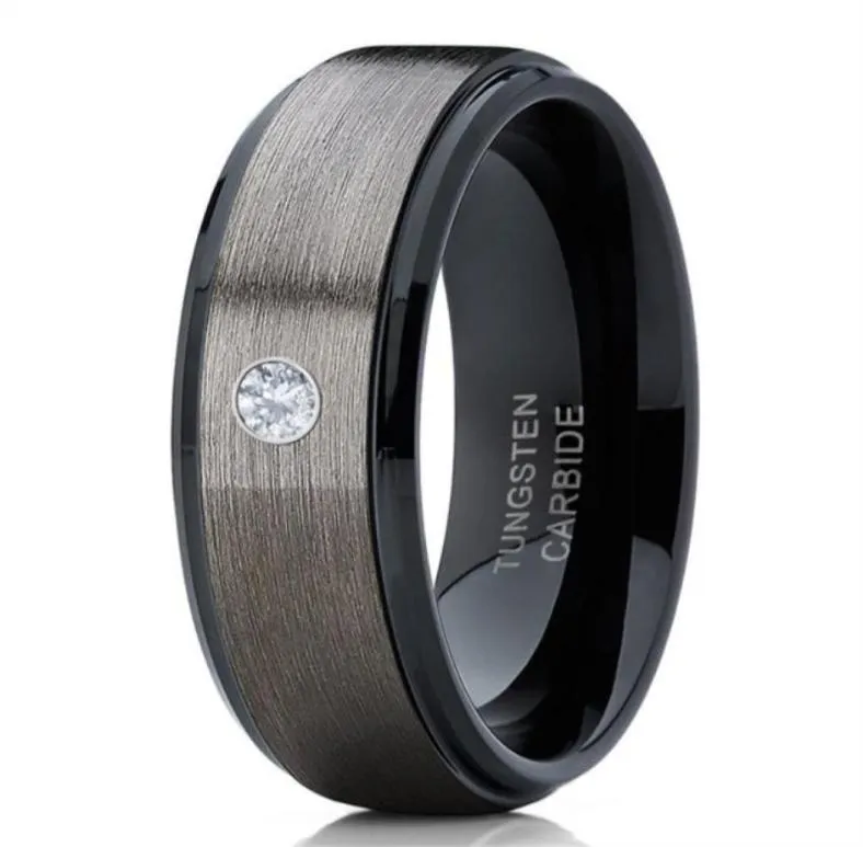 Men039s 8mm argent brossé bord noir bague en carbure de tungstène diamant alliance bijoux pour hommes taille américaine 6136511688