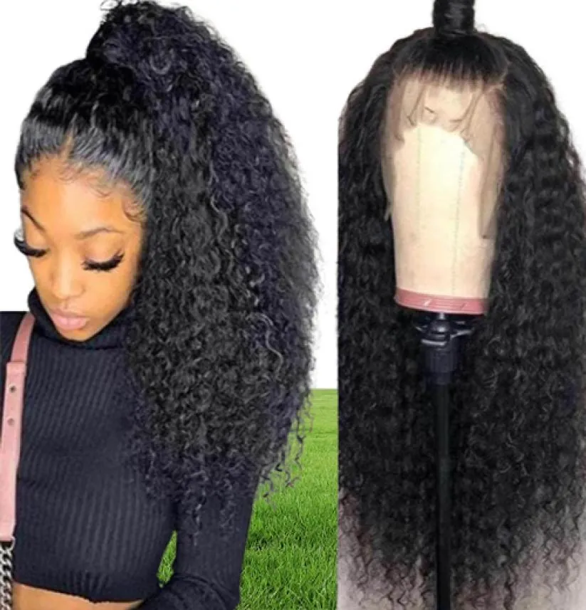 Black Deep Kinky Curly 360 Spets Frontal syntetisk peruk Babyhair Värmesbeständig fibersimulering Human hår för kvinnor48013208235281