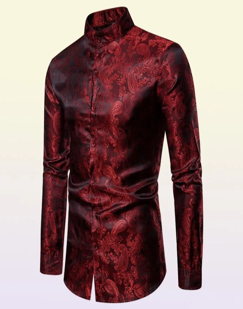 Fake Silk Paisley Tuxedo Shirts Autumn Streetwear Long Sleeve Mens Shirts Stand Collar Office Shirt Men Big and Tall Size XXL6209567