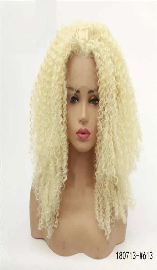 613 Blonde synthetische Lace-Frontal-Perücken, Afro-verworrene lockige LaceFront-Perücke, Hochtemperaturfaser, perruques de cheveux humains 1807136442675