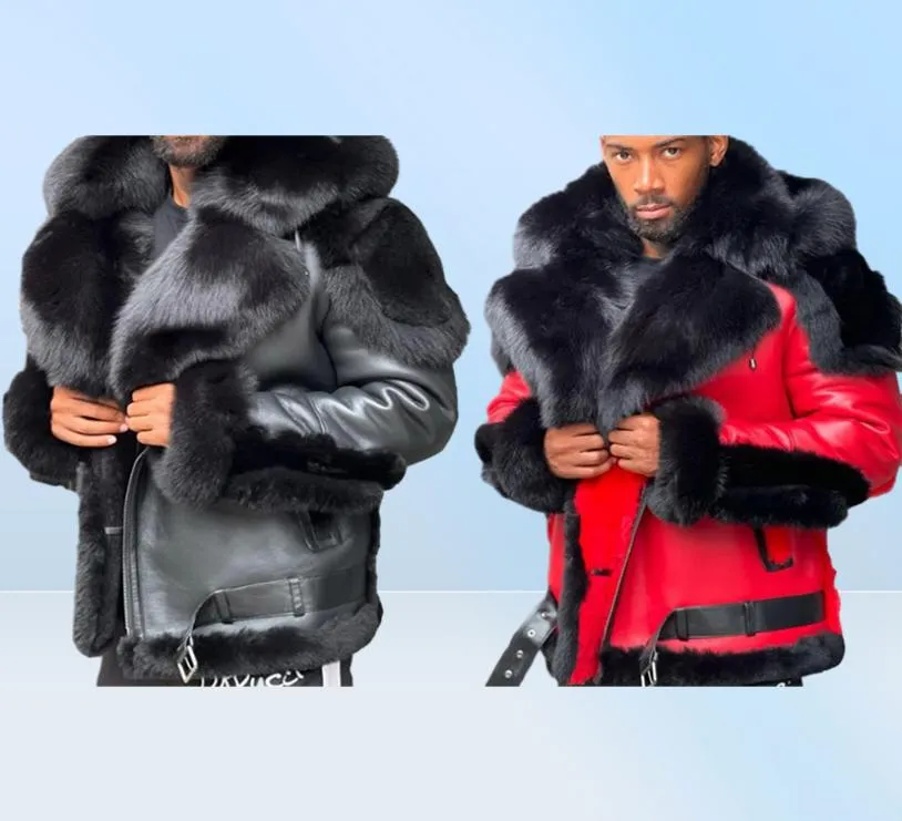Men039s Fur Faux Leather Winter Jacket Thicken Velvet Collar Hooded Zipper Color Block Patchwork Fashion Red Men8888768