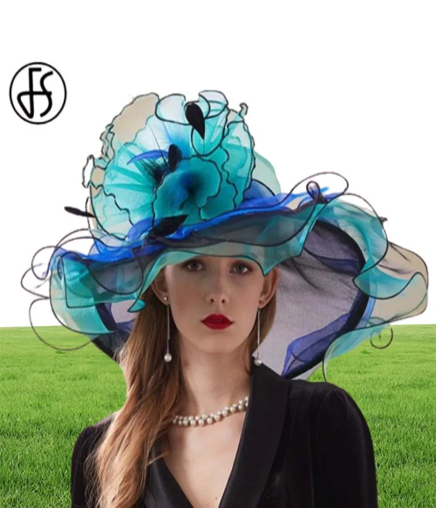 FS rose Organza Kentucky Derby chapeau pour femmes à large bord plage grands chapeaux de soleil fleurs dames élégantes mariage église fête Fedoras 21032273998