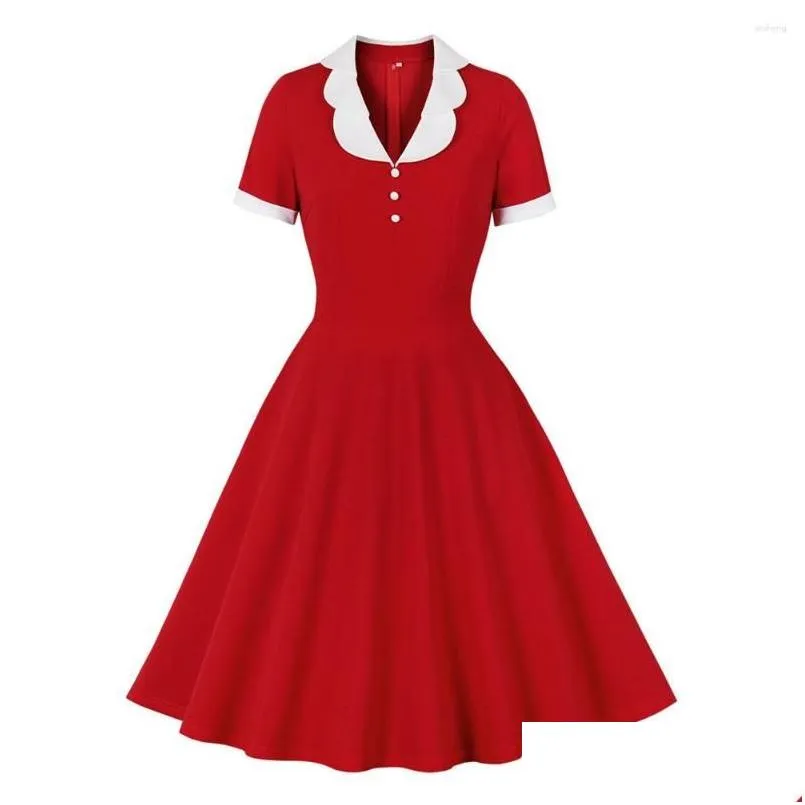 Abiti sexy urbani feste donne vintage abito rosso solido rosso retrò rockabilly cocktail a v-collo degli anni '50 swing maniche corte estive drop de dhjzw