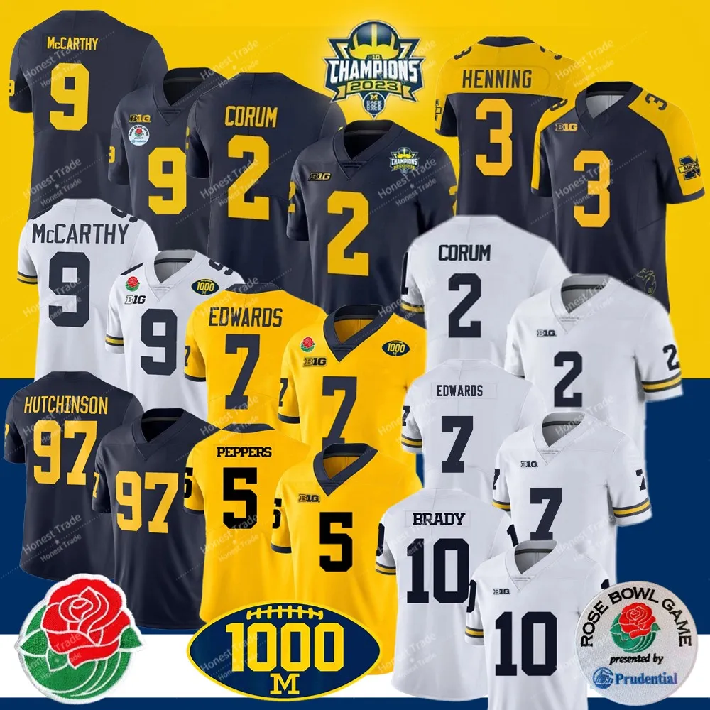 Camisa de futebol universitário 1000 vence Rose Bowl Roman Wilson Blake Corum JJ McCarthy Tom Brady Aidan Hutchinson Haskins Donovan Edwards Amarelo