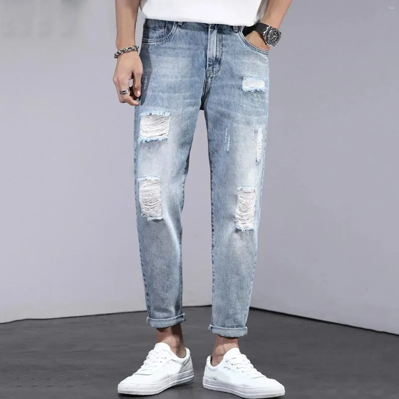 Jeans masculinos desgastados borla rasgado para homem baixo bolsos de cintura magro calças jeans início outono caber casual mens designer roupas