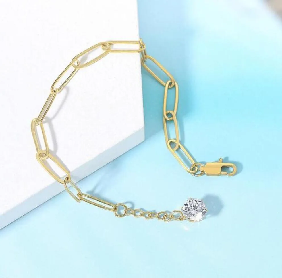Fashion Stainless Steel Zircon Bracelets 18K Gold Plated Link Chain For Women Paperclip Bracelet6349104