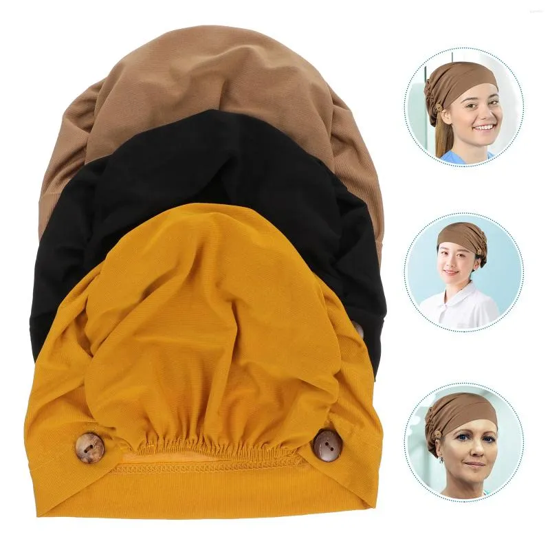 Berets 3 Pieces Beanie Caps With Buttons Bouffant Cap Unisex Stretch Headband Ear Loop Holder For Protecting Ears (