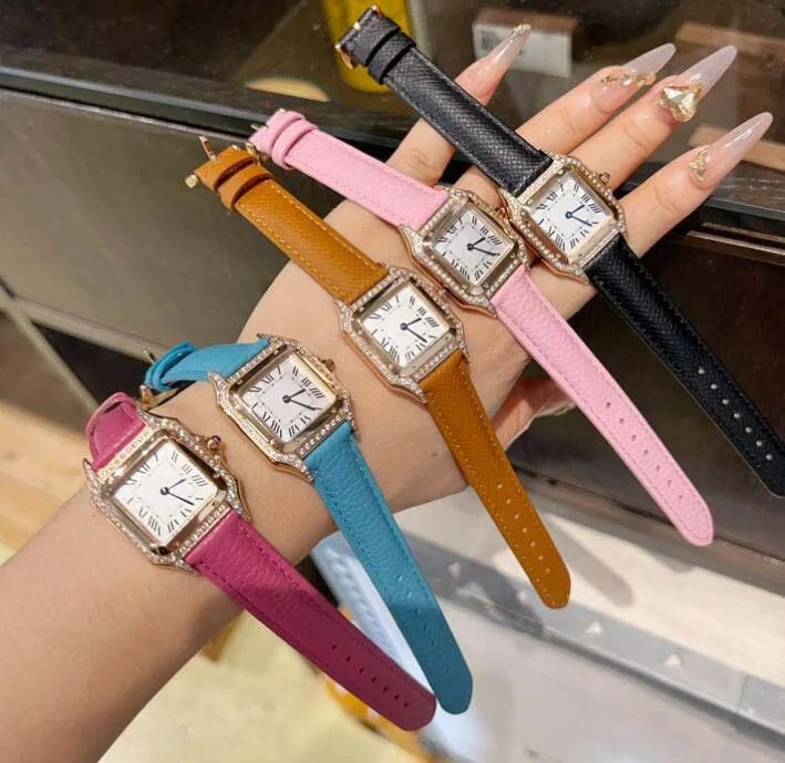 Super multi estilo nueva versión relojes de pulsera ultrafinos para mujer Zafiro 27 mm * 37 mm borde de diamante Cuarzo suizo Movimiento de cuarzo Correa de cuero Relojes de mujer premium