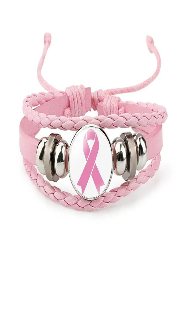 New Breast Cancer Awareness Bracelet For Women Ribbon charm Faith Hope Love Braided leather rope Wrap Bangle Fashion Jewelry5358984
