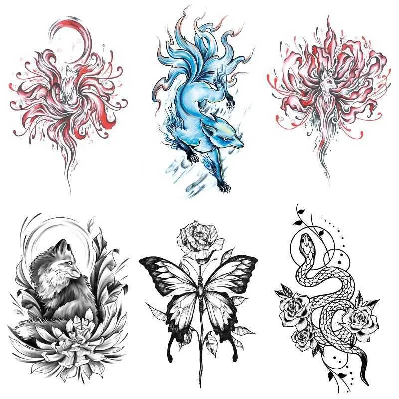 5 Stück Phoenix On Fire Tattoo-Aufkleber Semi-permanent – Wasserdicht, Pflanzenbasierte Tinte, Hautfreundlich