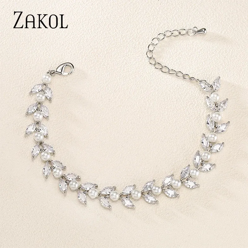 Zakol moda w stylu Korean Leaf CZ Zirkonia Tinnis Bracelets for Women Luksusowe imitacja Pearls Briadal Wedding Jewelry 1031 240105