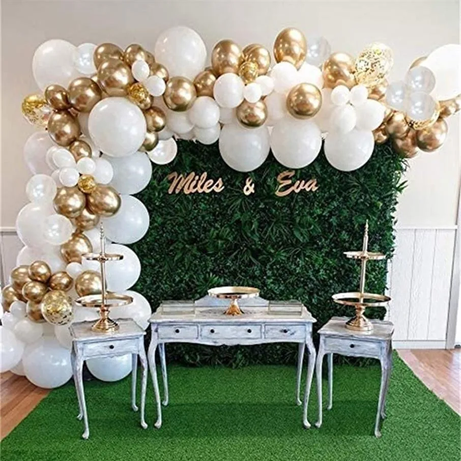 White Balloon Garland Arch Kit Gold Confetti Balloons 98 PCS Artificial Palm Leaves 6 PCS Bröllopsfödelsedagsdekorationer 220321235B